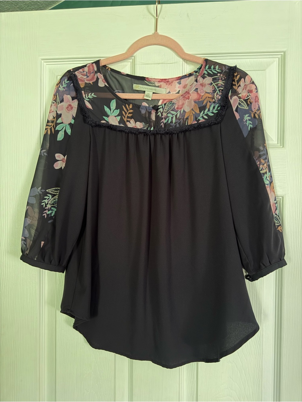 LC Lauren Conrad navy Floral Yoke and Sleeve Blouse